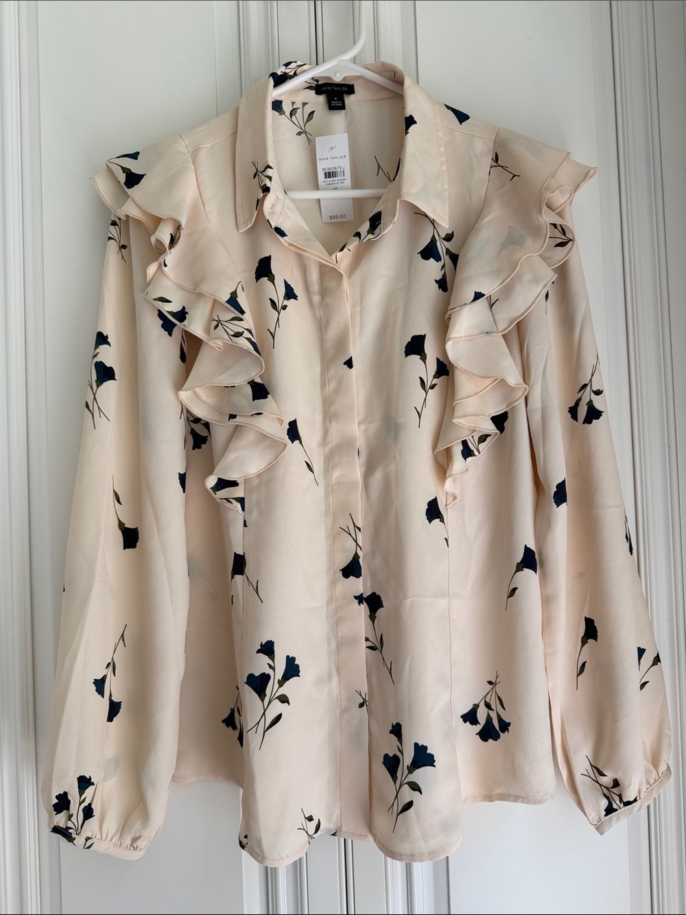 Ann Taylor Cream Blouse with Navy Floral Print and Ruffle Trim
